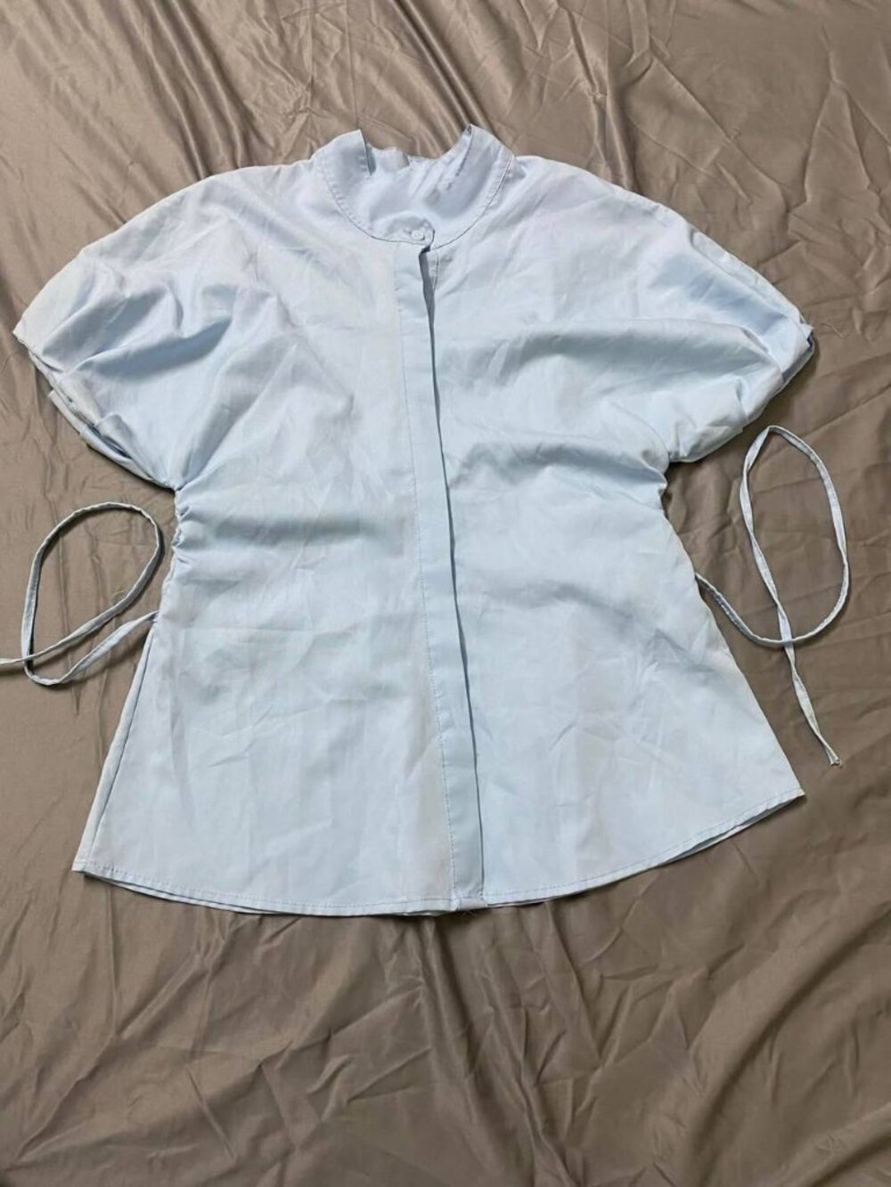 Light Blue Tie Waist Short Sleeve Blouse